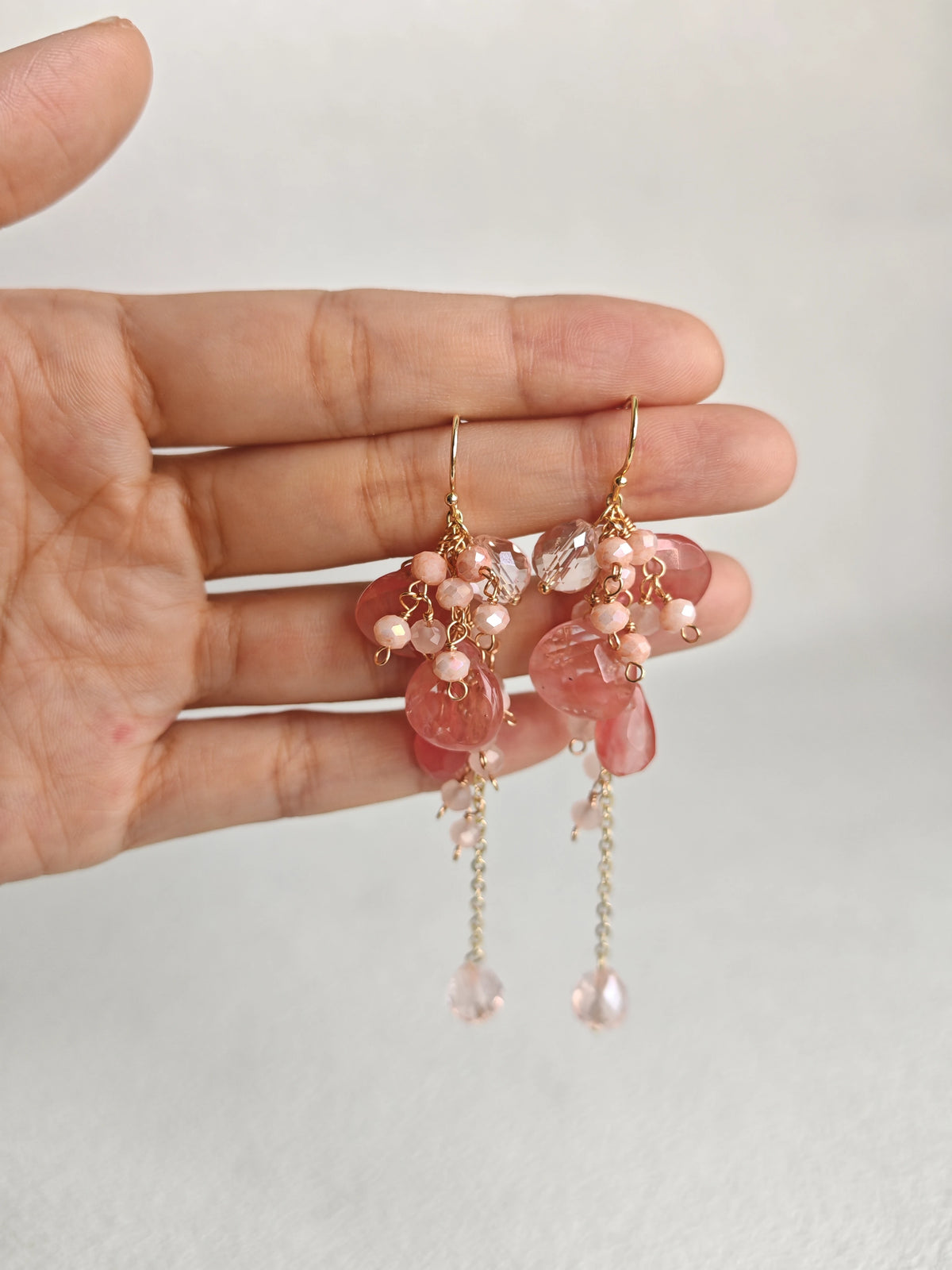 Happie Peppie  Natural Pink Quartz Cluster Earrings | Watermelon Quartz & Red Rutilated Crystal Drop Earrings
