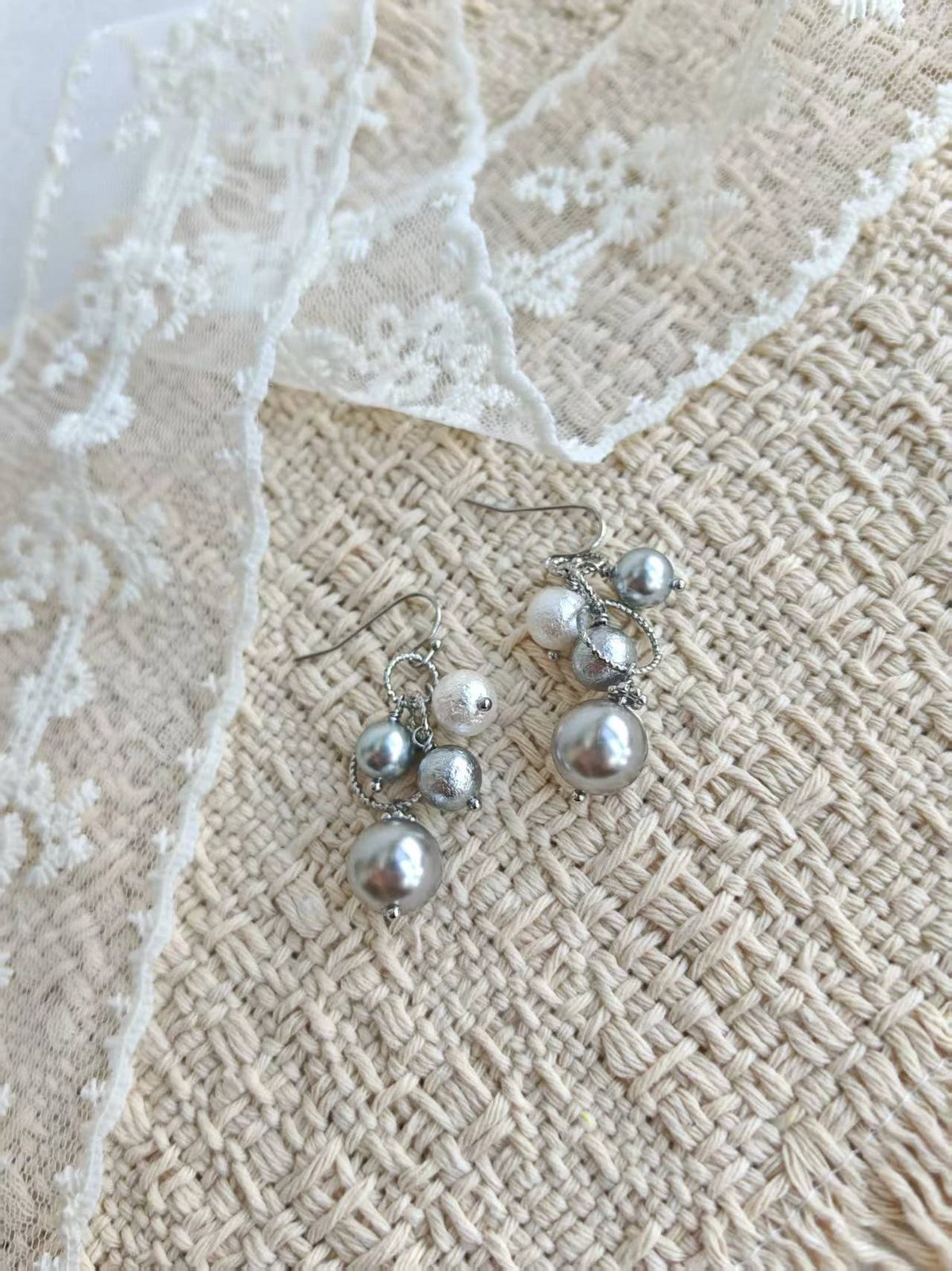 Happie Peppie | Grey Tahitian Style Cotton Pearl Drop Earrings, Multi Bead Dangle Earrings, Handmade Silver Tone Jewelry