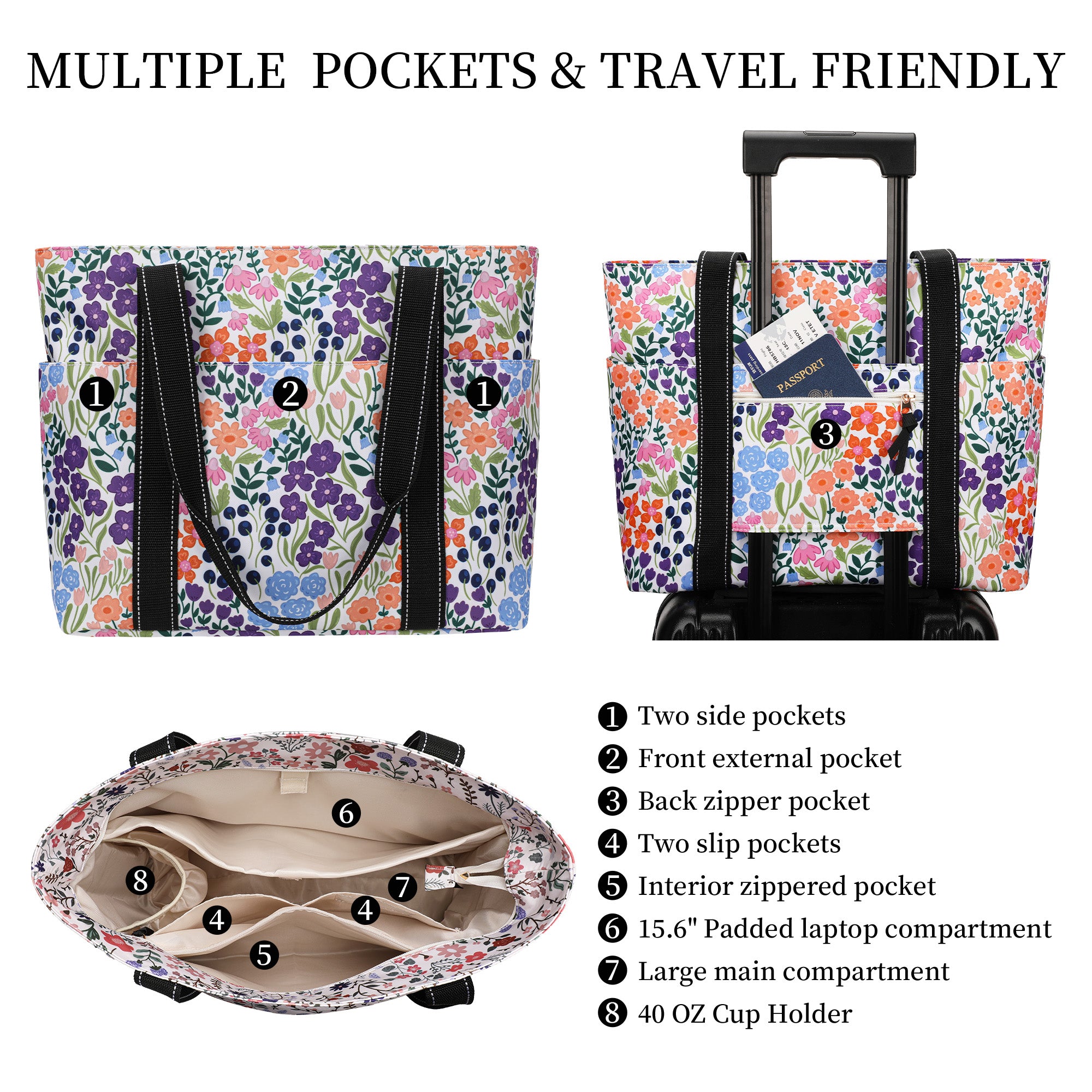 Happie Peppie Tote Bag for Women,Tote Bag with Laptop Compartment and Cup Holder,Shoulder Bag Handbag for Work, Travel, Gym, Nurse Teacher School ,with Multiple Pockets Top Zipper Closure