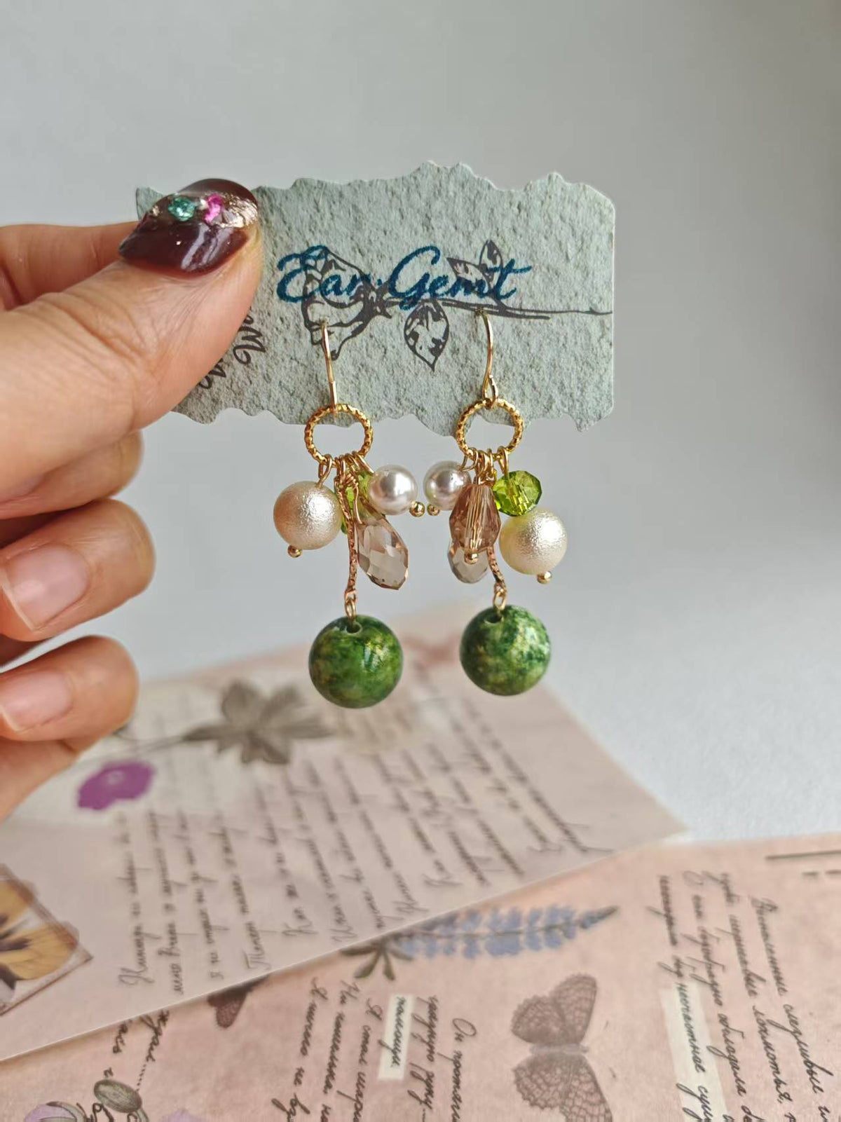 Happie Peppie Vintage Oil Painting Bead Dangle Earrings, Handmade Glass Crystal Pearl Drop Earrings