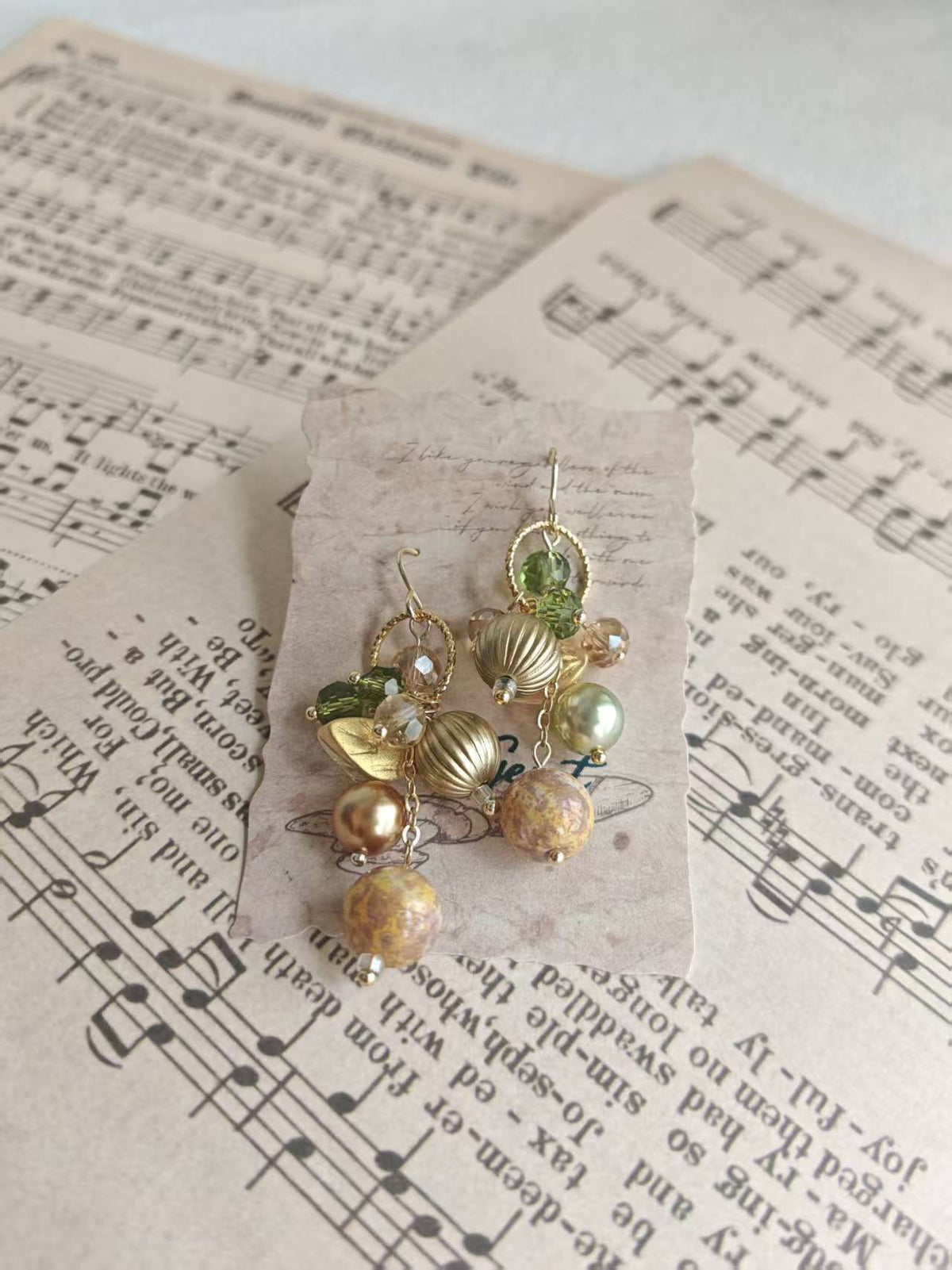 Happie Peppie Vintage Oil Painting Bead Dangle Earrings, Handmade Glass Crystal Pearl Drop Earrings