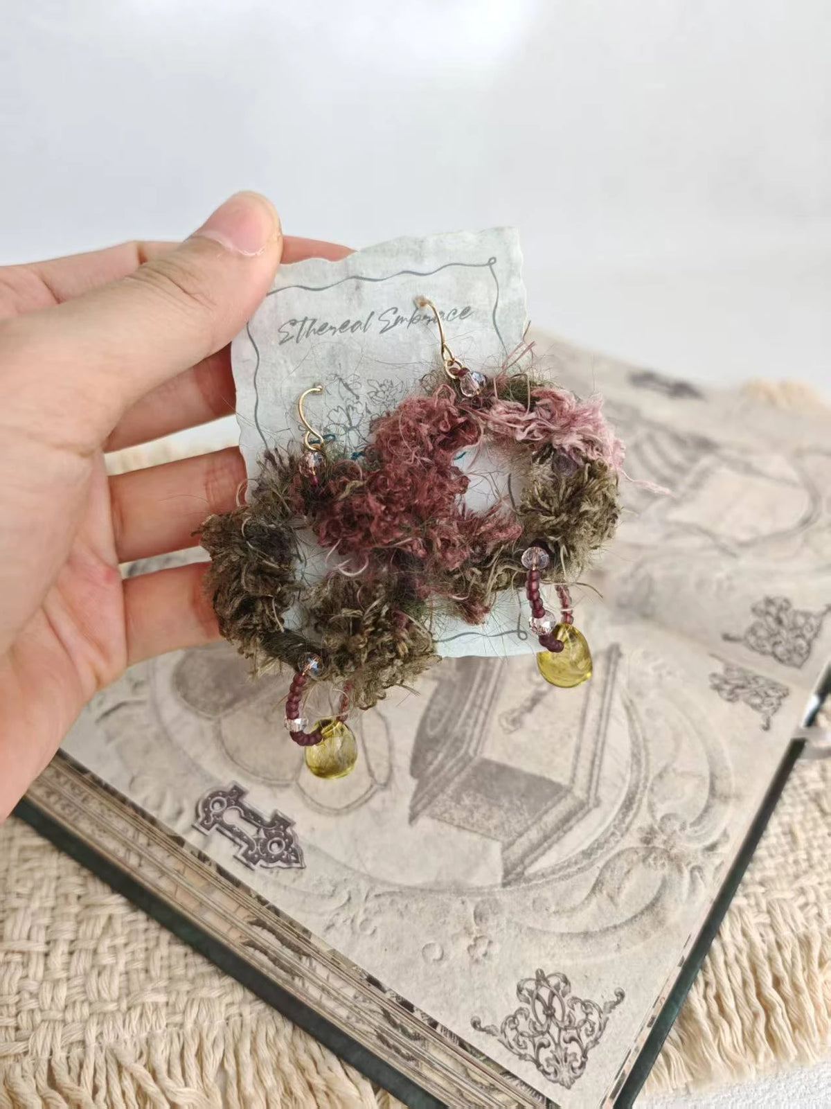 Happie Peppie Fuzzy Yarn Hoop Drop Earrings | Handmade Bohemian Statement Earrings