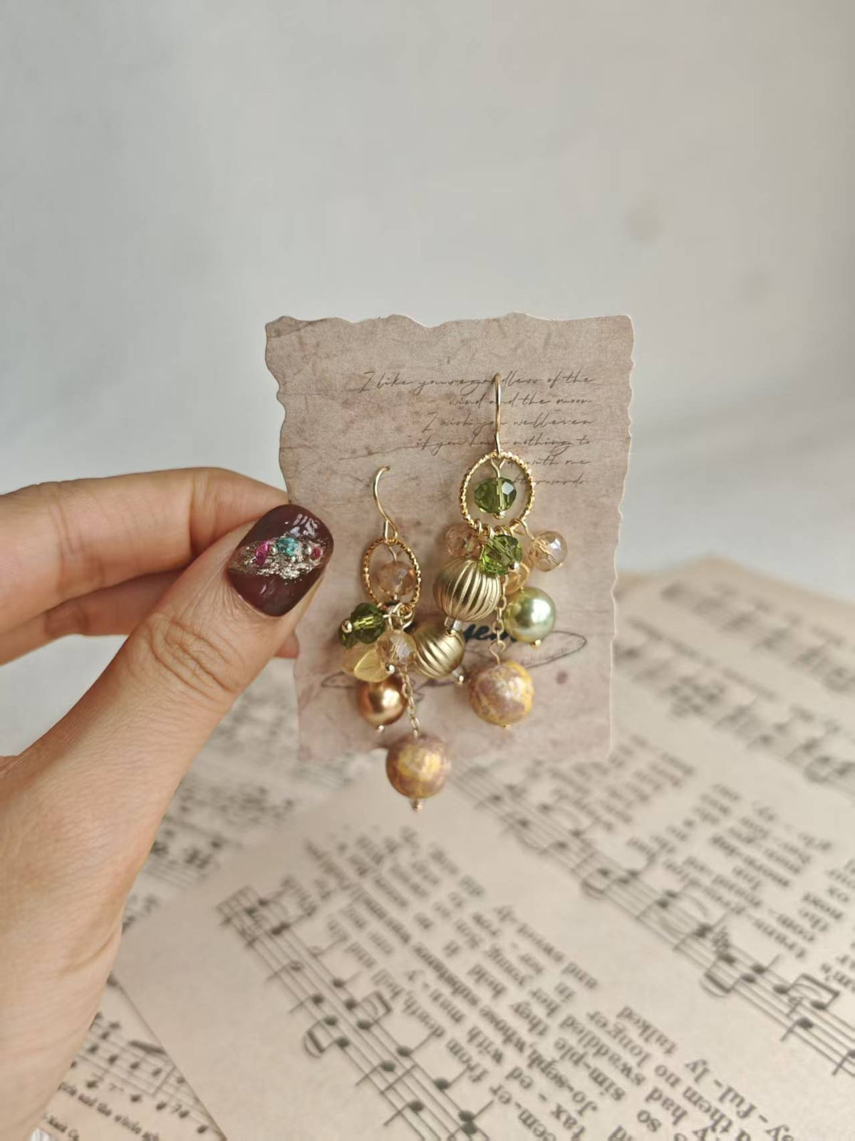 Happie Peppie Vintage Oil Painting Bead Dangle Earrings, Handmade Glass Crystal Pearl Drop Earrings