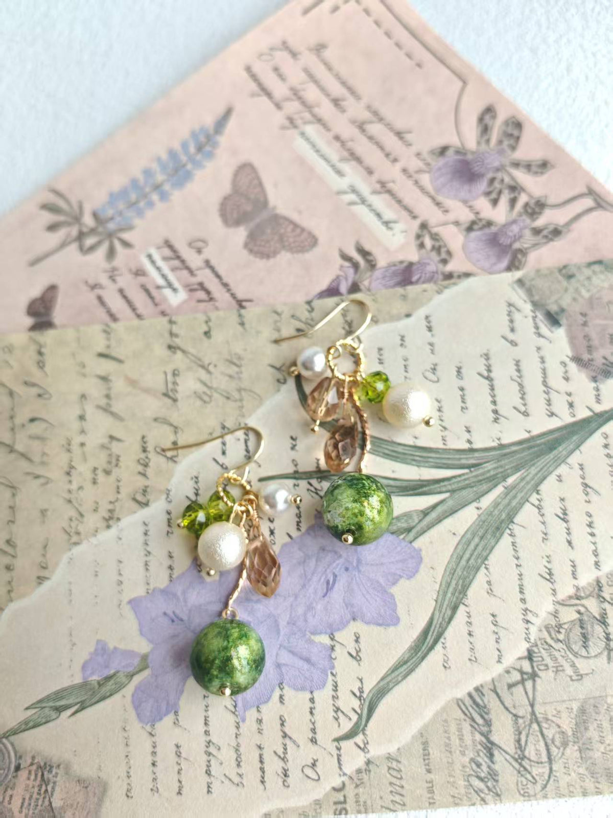 Happie Peppie Vintage Oil Painting Bead Dangle Earrings, Handmade Glass Crystal Pearl Drop Earrings