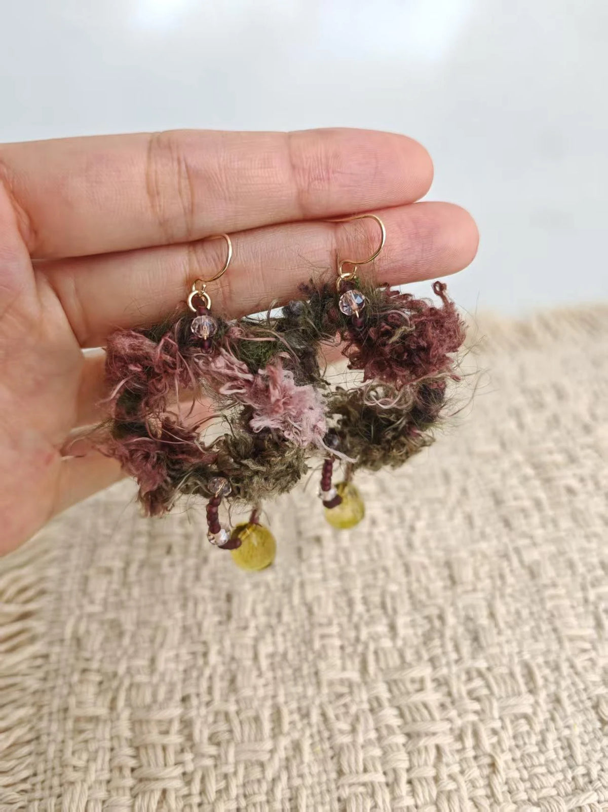 Happie Peppie Fuzzy Yarn Hoop Drop Earrings | Handmade Bohemian Statement Earrings