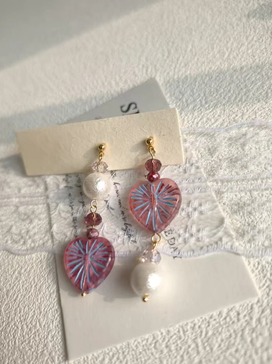 Happie Peppie Asymmetric Heart Dangle Earrings, Handmade Czech Glass & Cotton Pearl Drop Earrings for Women