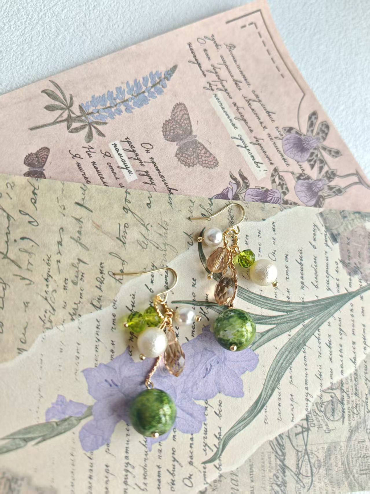 Happie Peppie Vintage Oil Painting Bead Dangle Earrings, Handmade Glass Crystal Pearl Drop Earrings