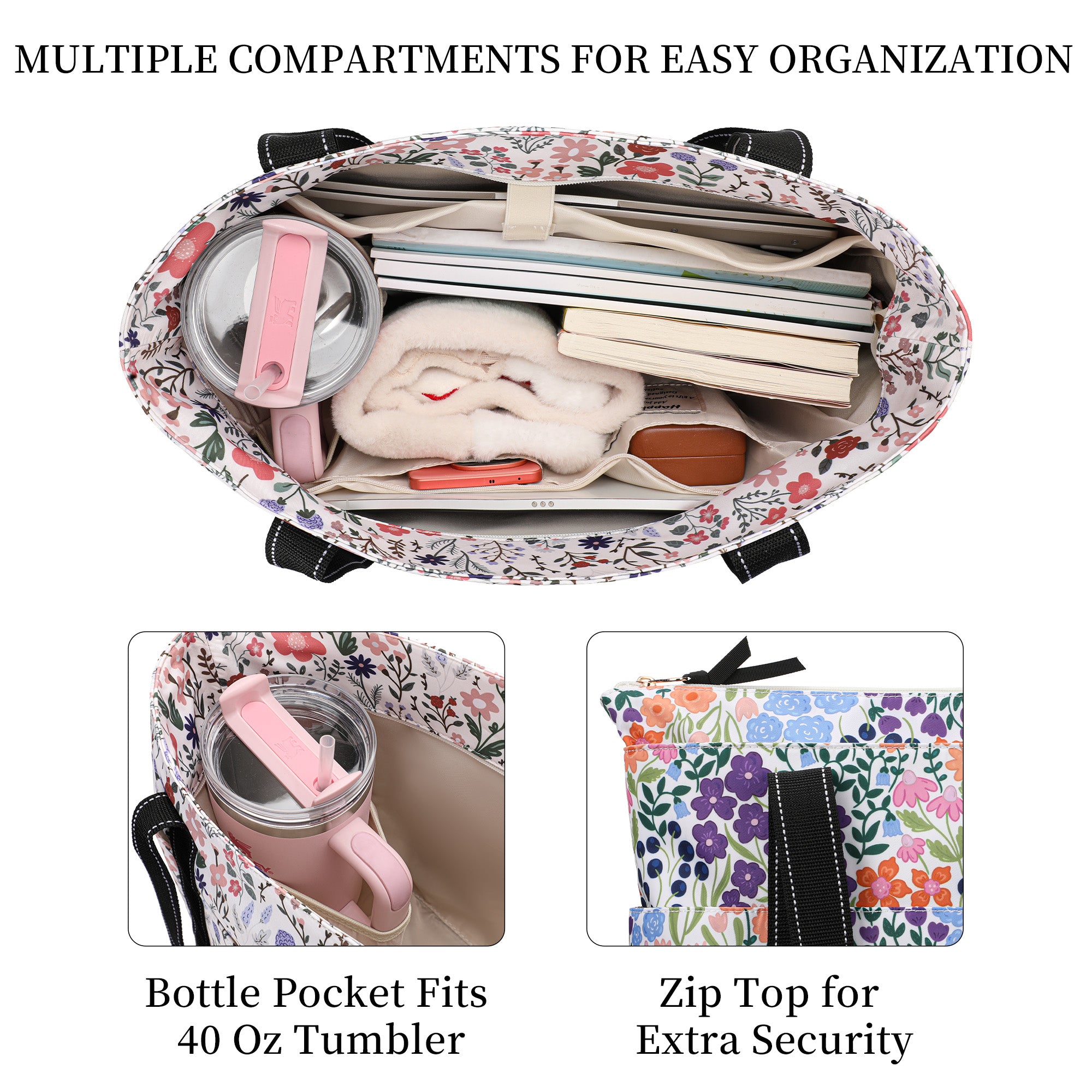 Happie Peppie Tote Bag for Women,Tote Bag with Laptop Compartment and Cup Holder,Shoulder Bag Handbag for Work, Travel, Gym, Nurse Teacher School ,with Multiple Pockets Top Zipper Closure
