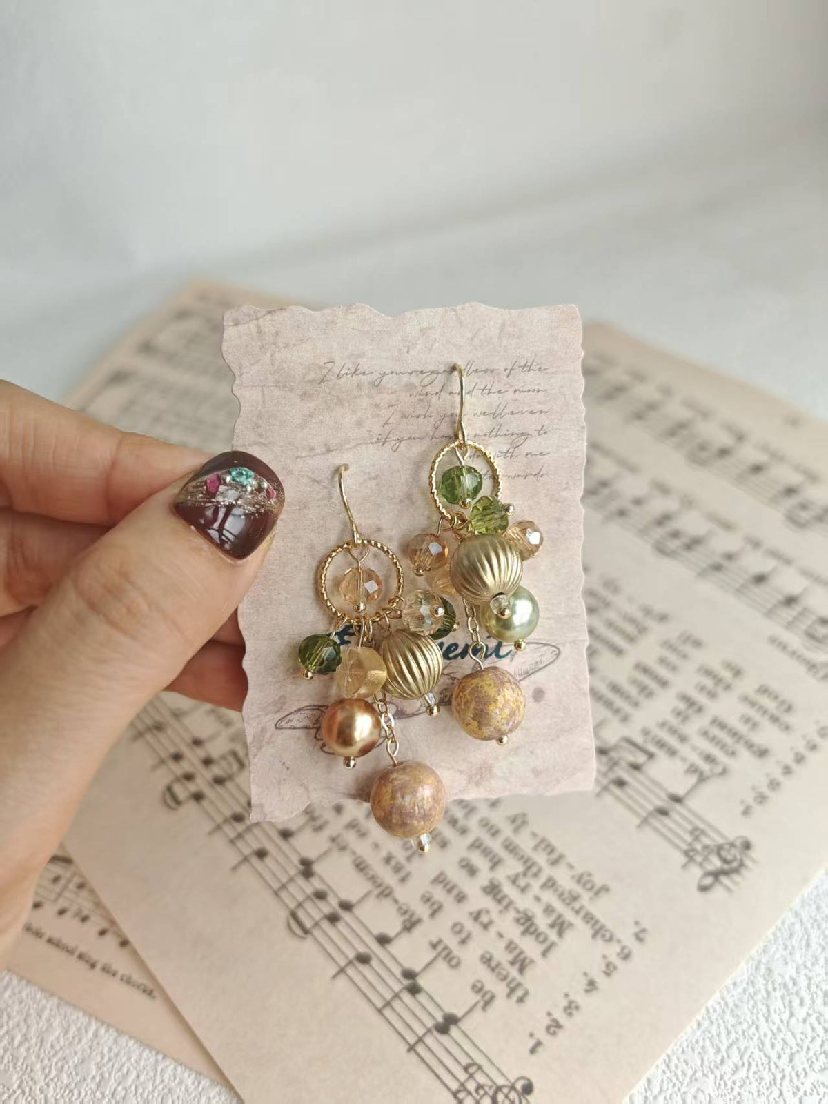 Happie Peppie Vintage Oil Painting Bead Dangle Earrings, Handmade Glass Crystal Pearl Drop Earrings