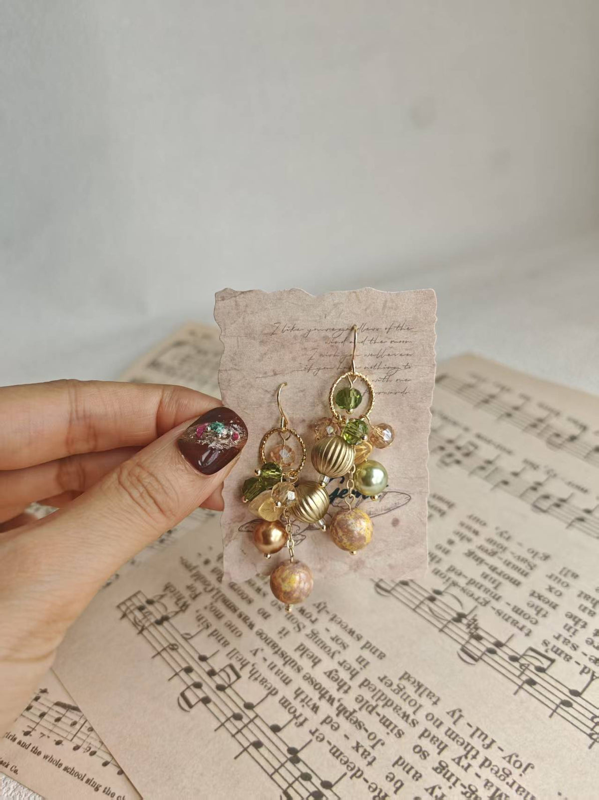 Happie Peppie Vintage Oil Painting Bead Dangle Earrings, Handmade Glass Crystal Pearl Drop Earrings