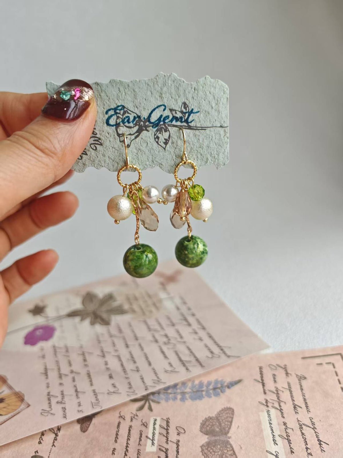 Happie Peppie Vintage Oil Painting Bead Dangle Earrings, Handmade Glass Crystal Pearl Drop Earrings