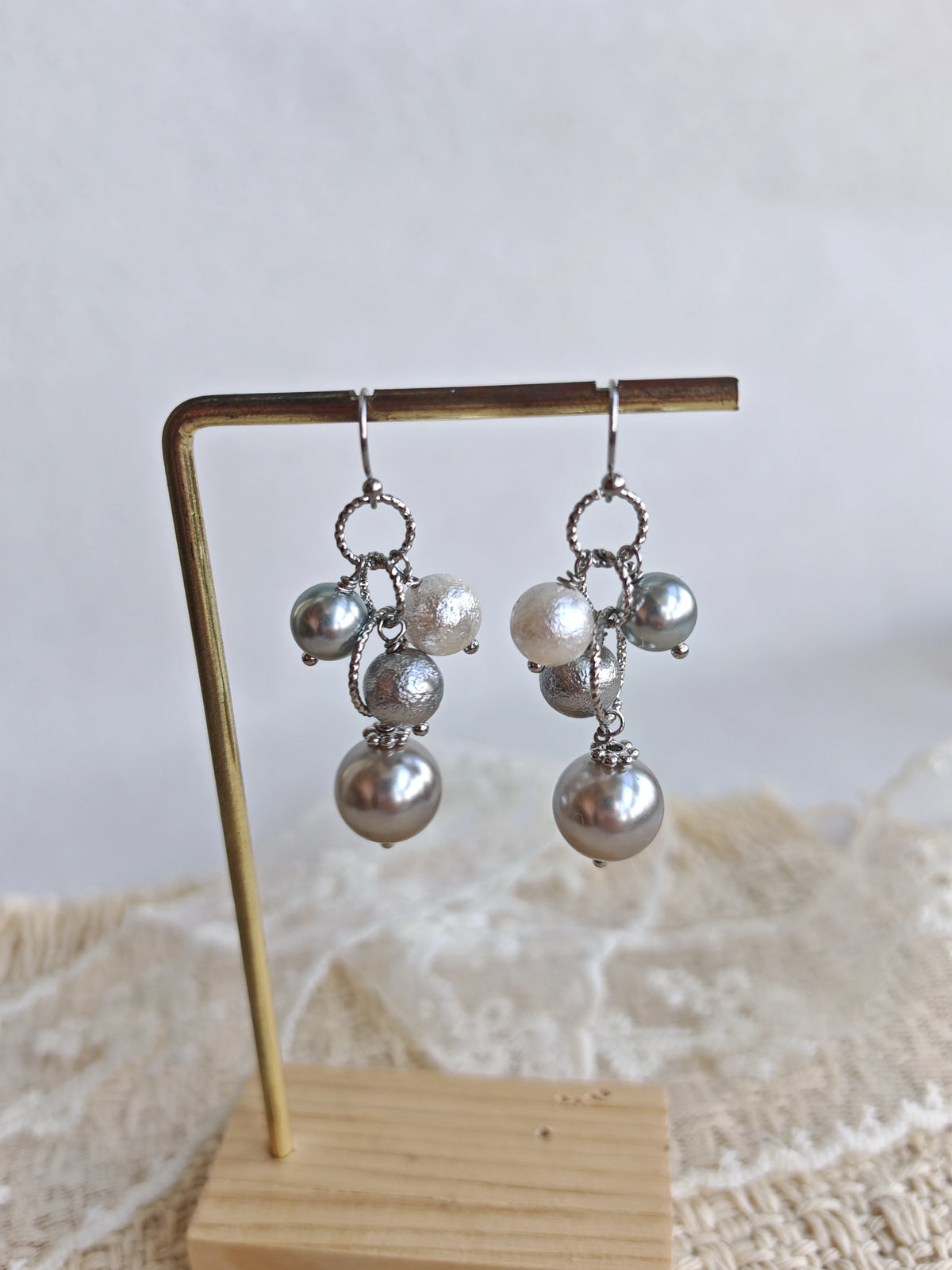 Happie Peppie | Grey Tahitian Style Cotton Pearl Drop Earrings, Multi Bead Dangle Earrings, Handmade Silver Tone Jewelry