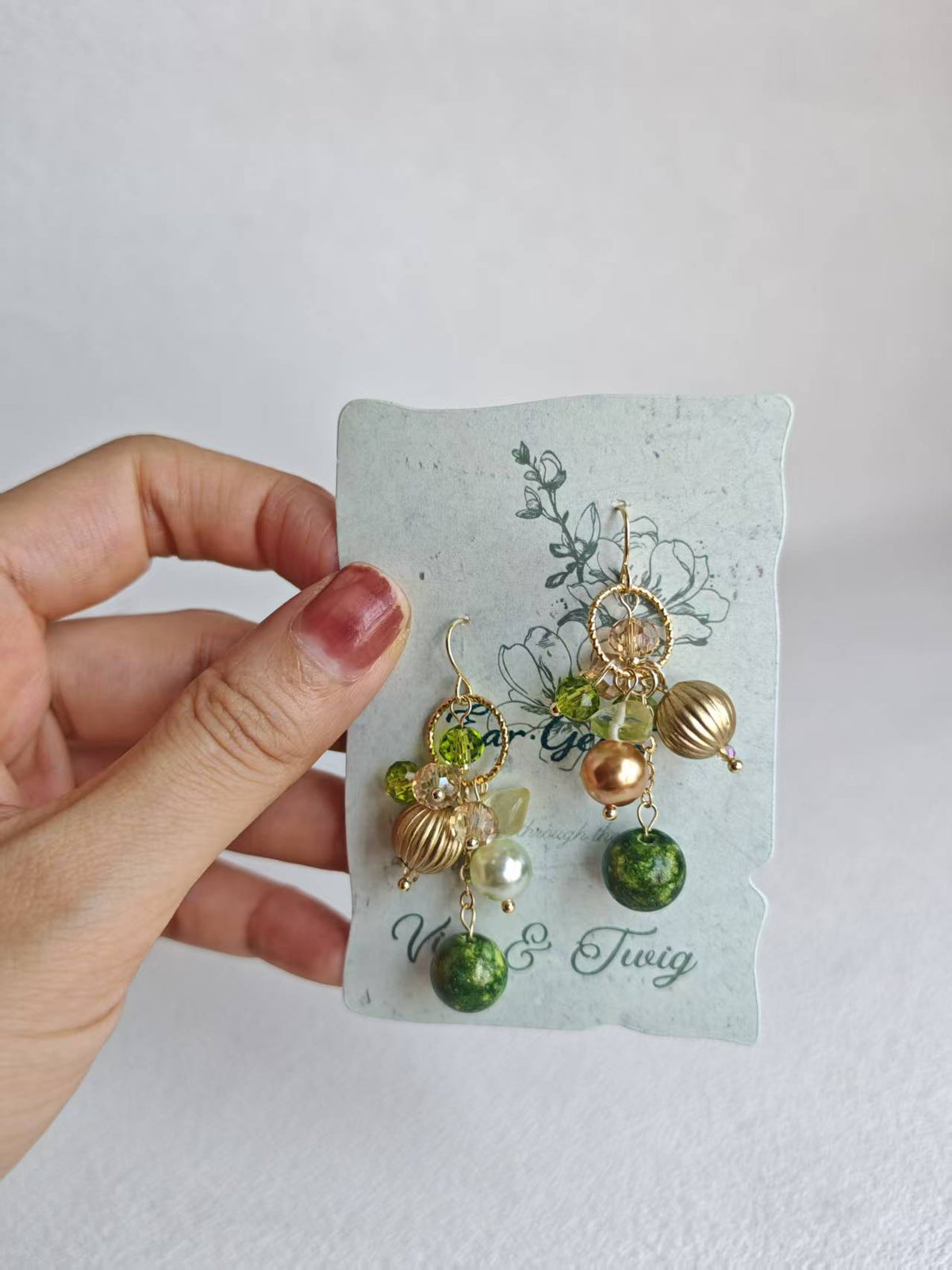 Happie Peppie Vintage Oil Painting Bead Dangle Earrings, Handmade Glass Crystal Pearl Drop Earrings